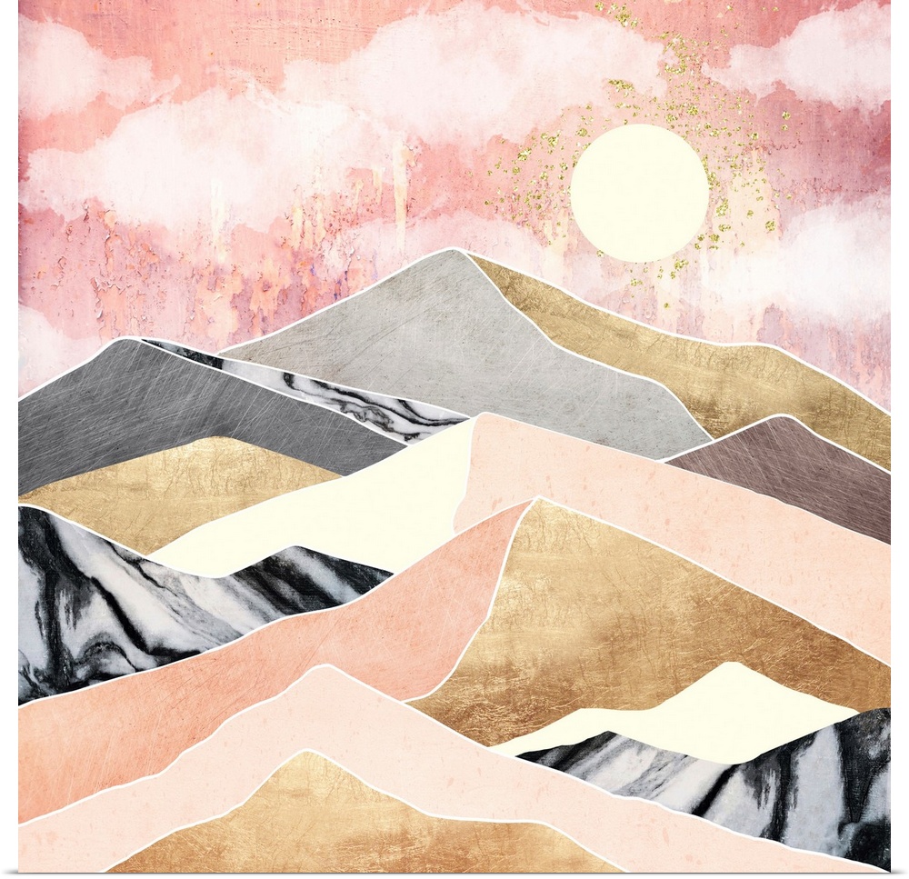Abstract depiction of a summer sun with mountains, pink, gold, black and yellow.