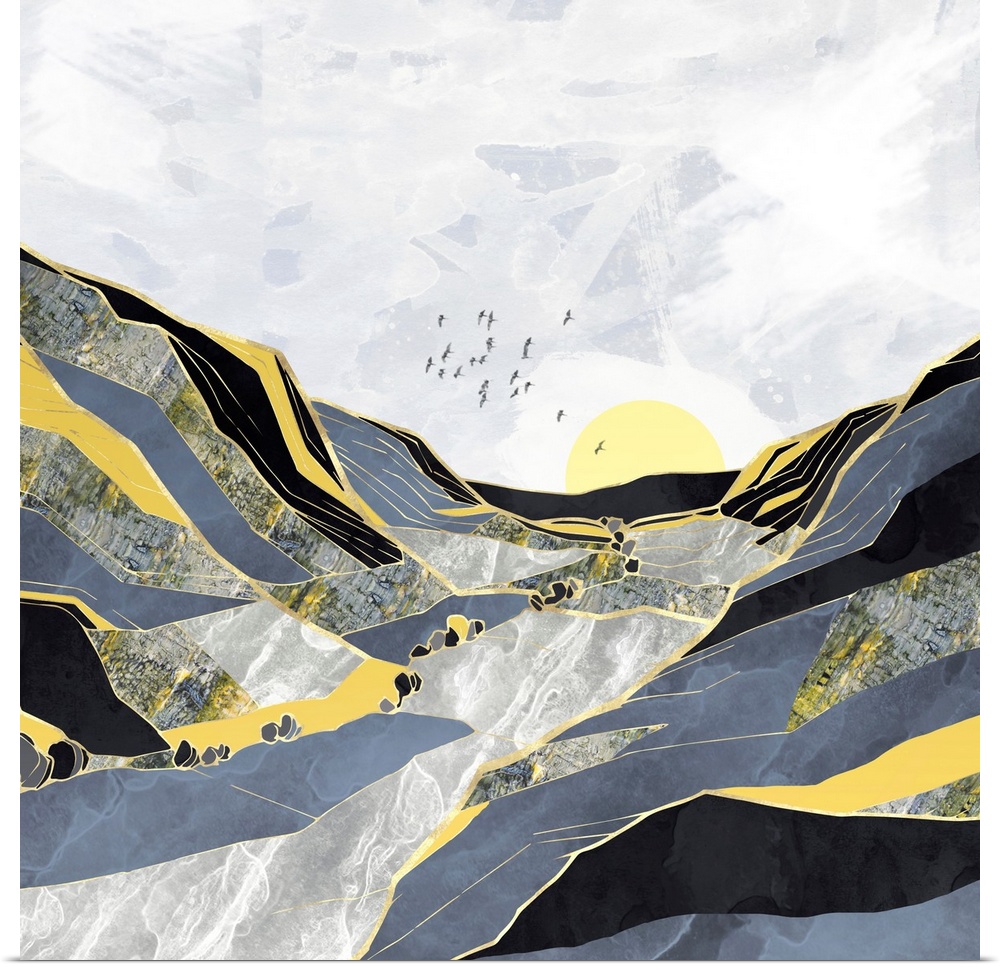 Abstract depiction of a summer valley with birds, grey, yellow and black.