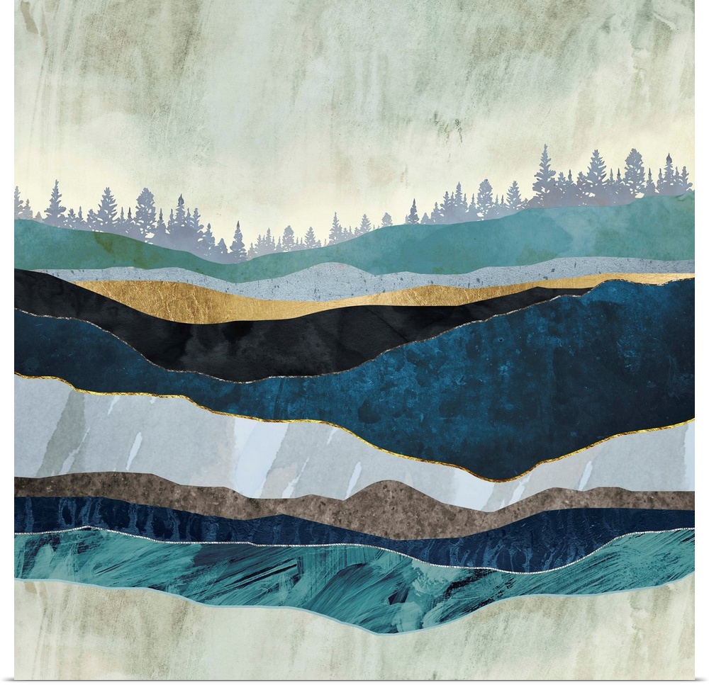 Abstract landscape with turquoise hills, trees, teal, gold and blue.