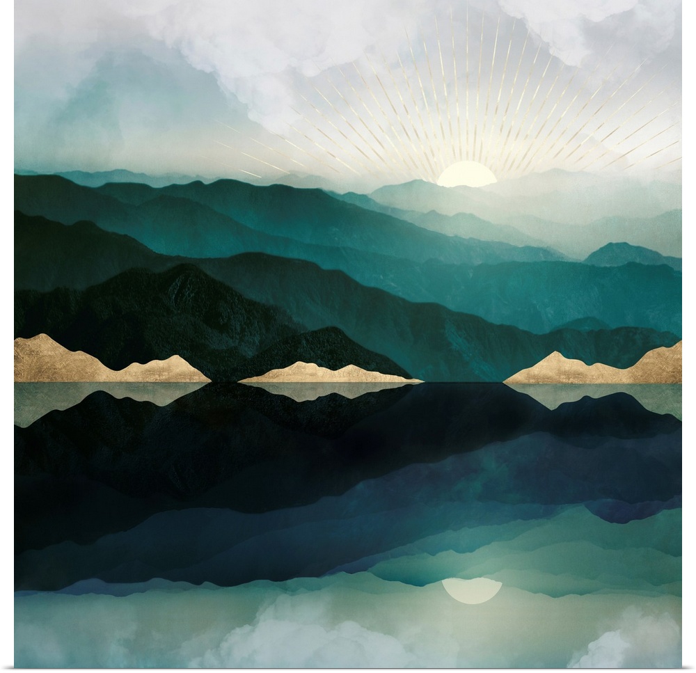 Abstract landscape with reflection featuring mountains, water, moon, sun, clouds, green and gold.