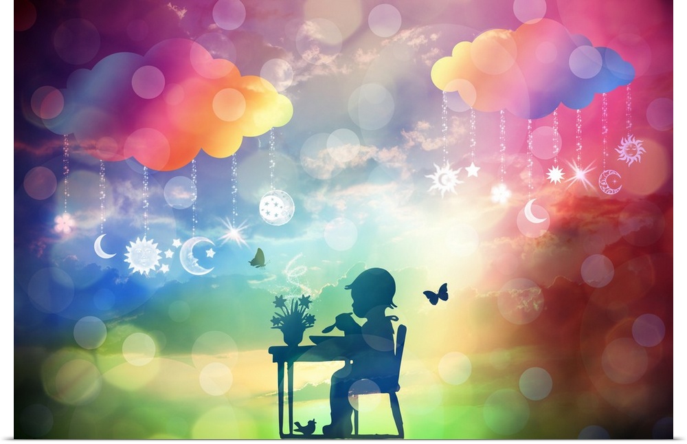 Silhouette of a young child eating at a table with a rainbow bokeh and cloud background.