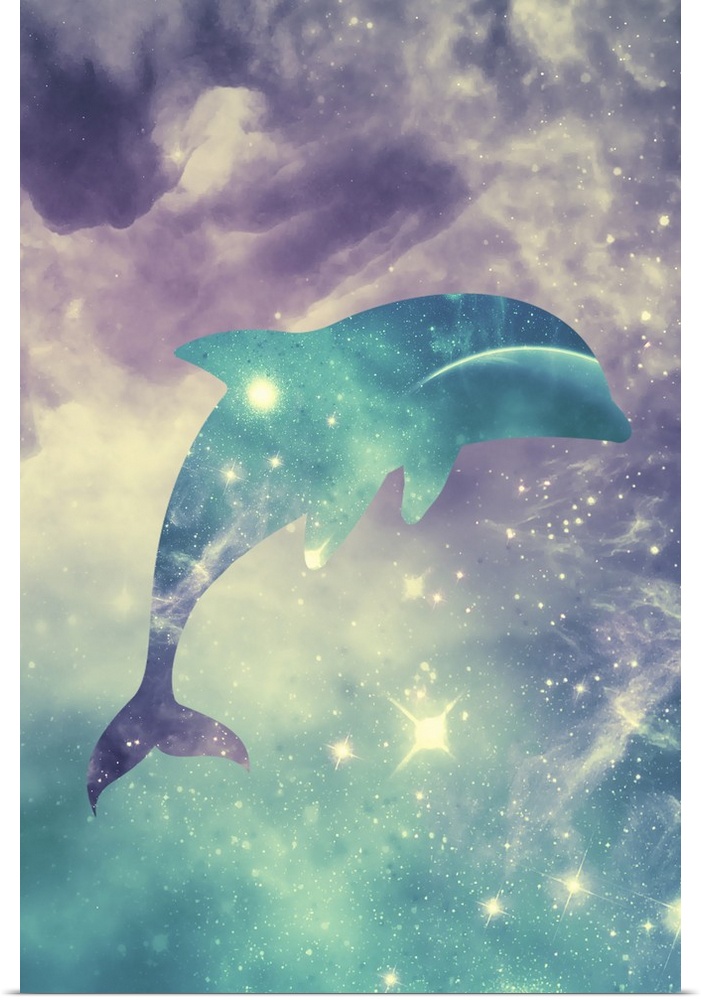 Silhouette of a leaping dolphin with stars and clouds over a starry space scene.