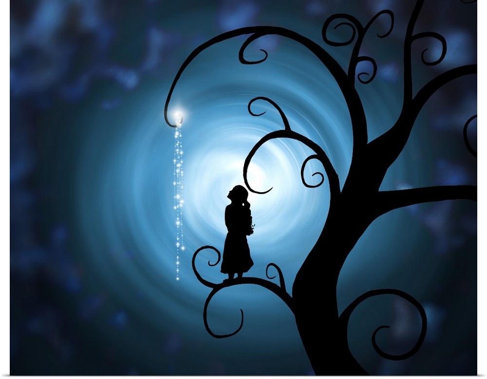 Horizontal artwork on a big canvas of the silhouette of a young girl standing on a branch on a big swirling tree, she is l...