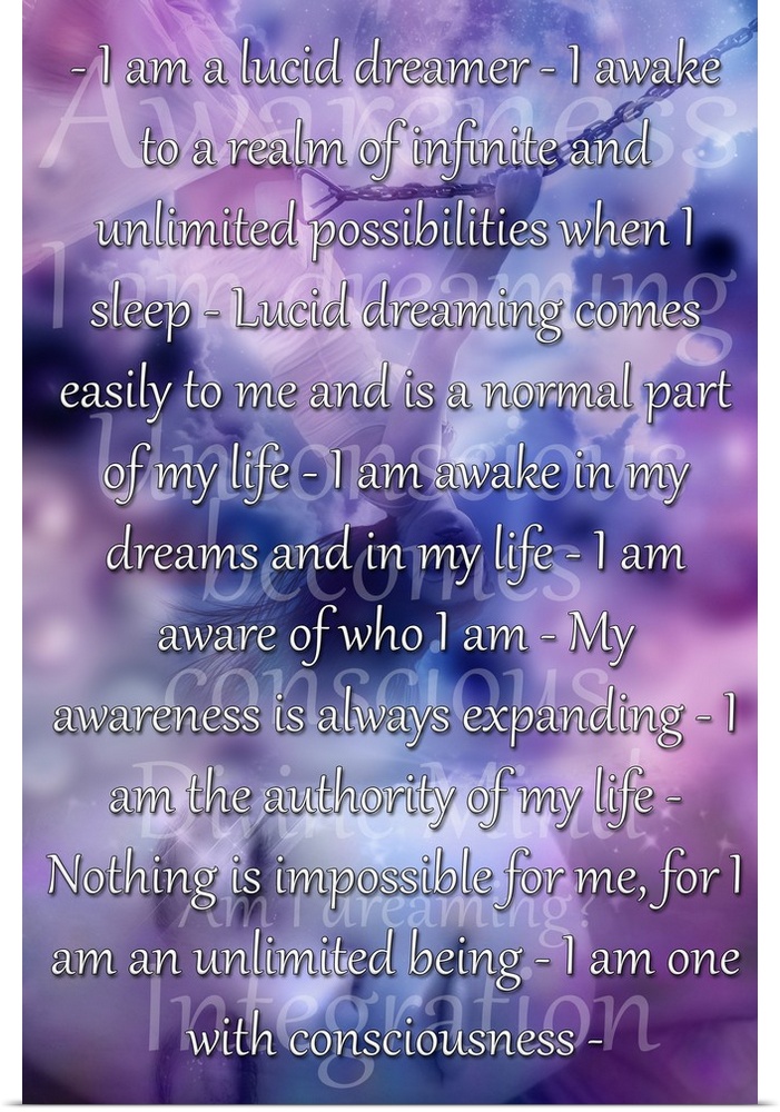 Inspirational personal affirmations for lucid dreams on lavender and pink.