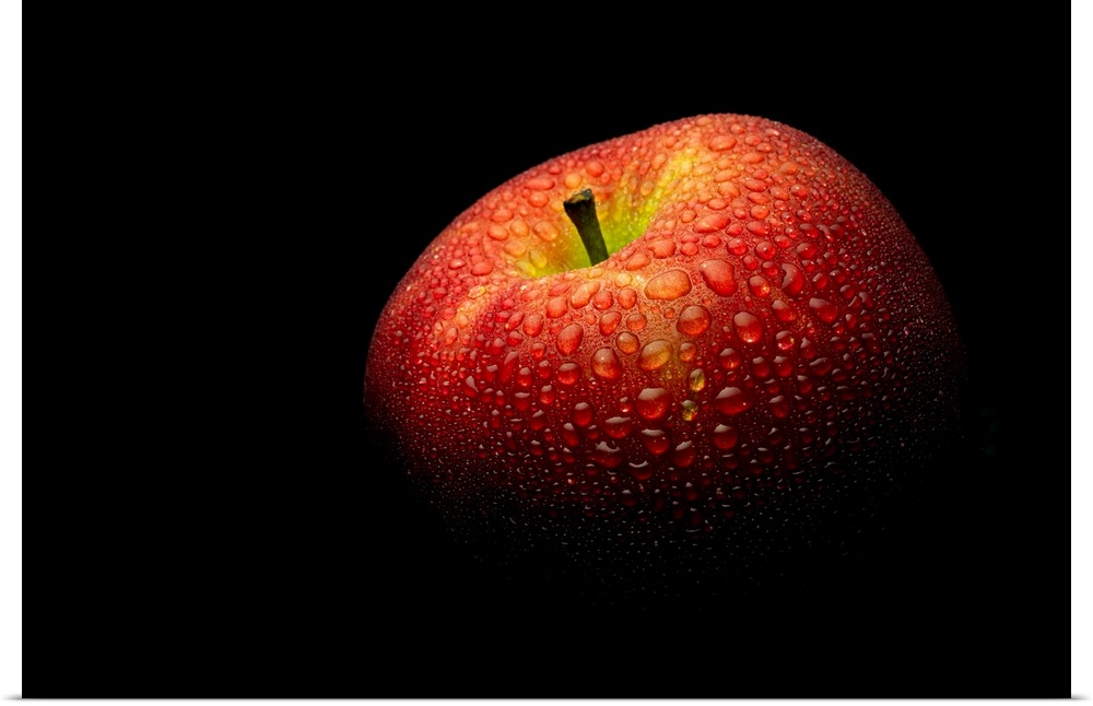 A close up photograph of a fresh Honeycrisp apple with waterdrops.