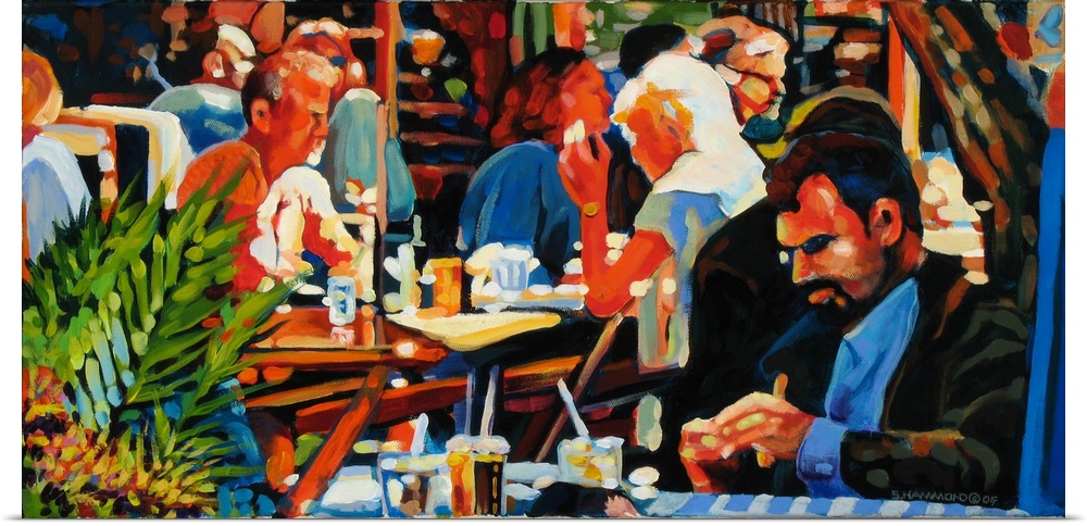 A close-up scene of business people and tourists enjoying lunch at an outdoor caf?. Painted in a bold style and bright col...