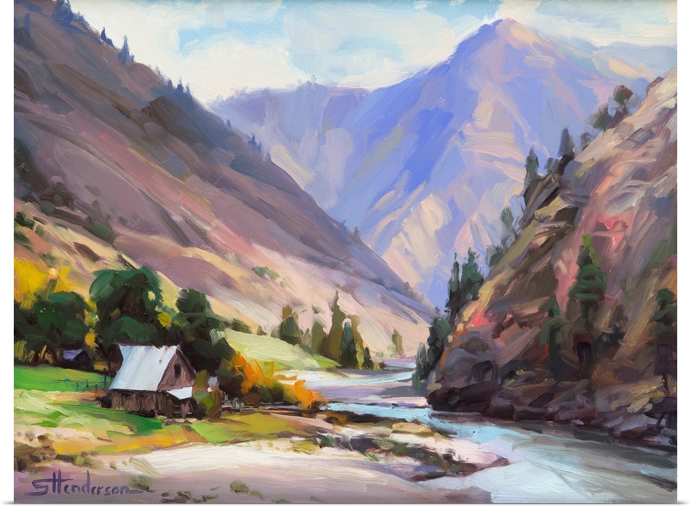 Traditional impressionist landscape painting of a rural homestead along a wilderness river in Idaho.