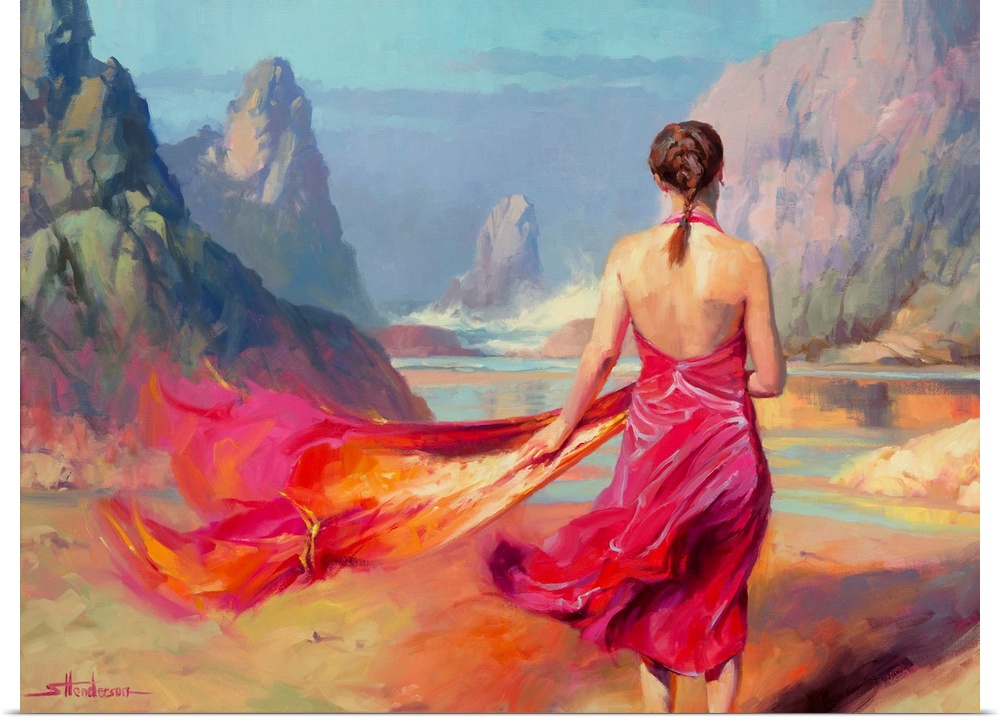 Traditional representational painting of a young, beautiful woman walking confidently across the beach sand to the ocean b...
