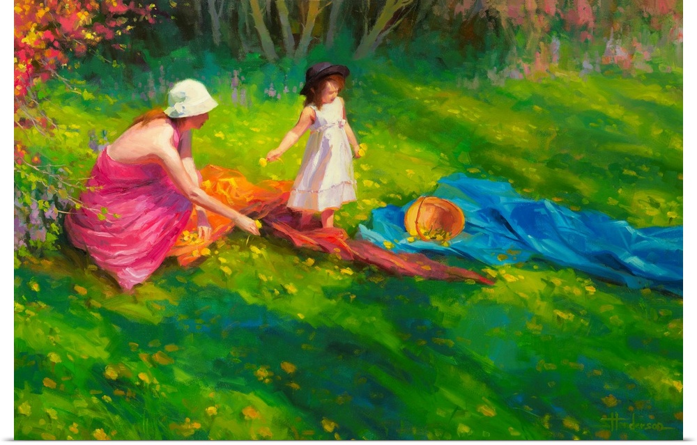 Traditional representational painting of mother and daughter on country lawn with basket, picking dandelion flowers