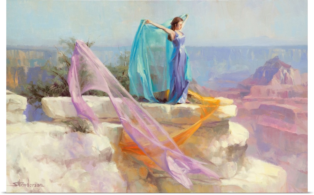 Traditional representational painting of a woman in a lilac dress standing on a rock in the Grand Canyon, with fabric acro...