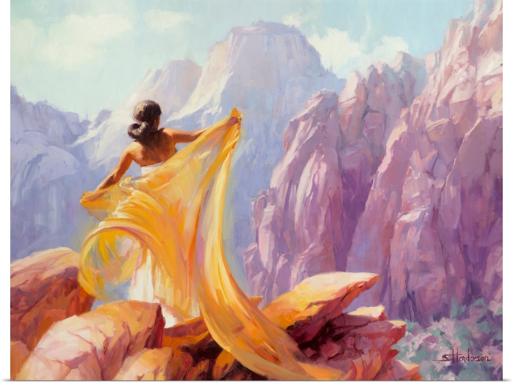 Traditional impressionist painting of a beautiful woman standing before the pink cliffs of Zion National Park; she is rela...