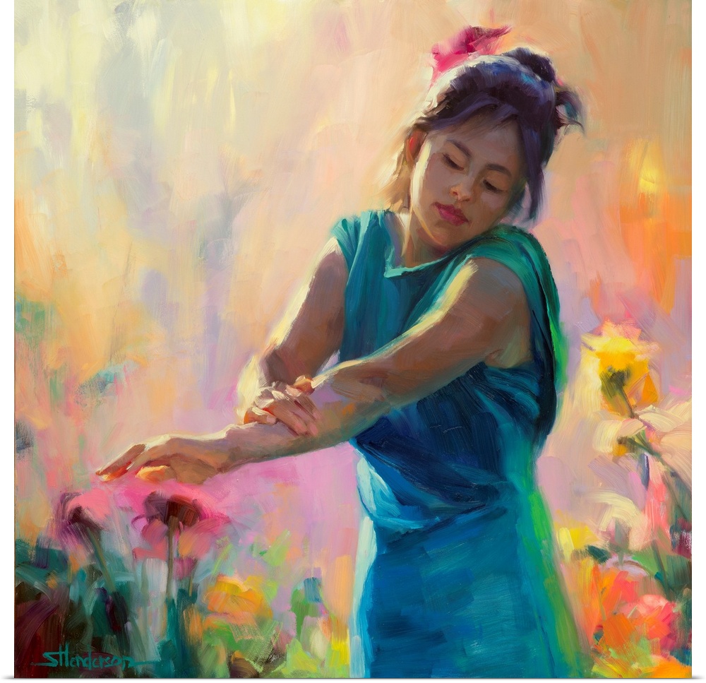 Traditional impressionist painting an an Hispanic woman in a teal dress standing in a country garden of wildflowers, arms ...
