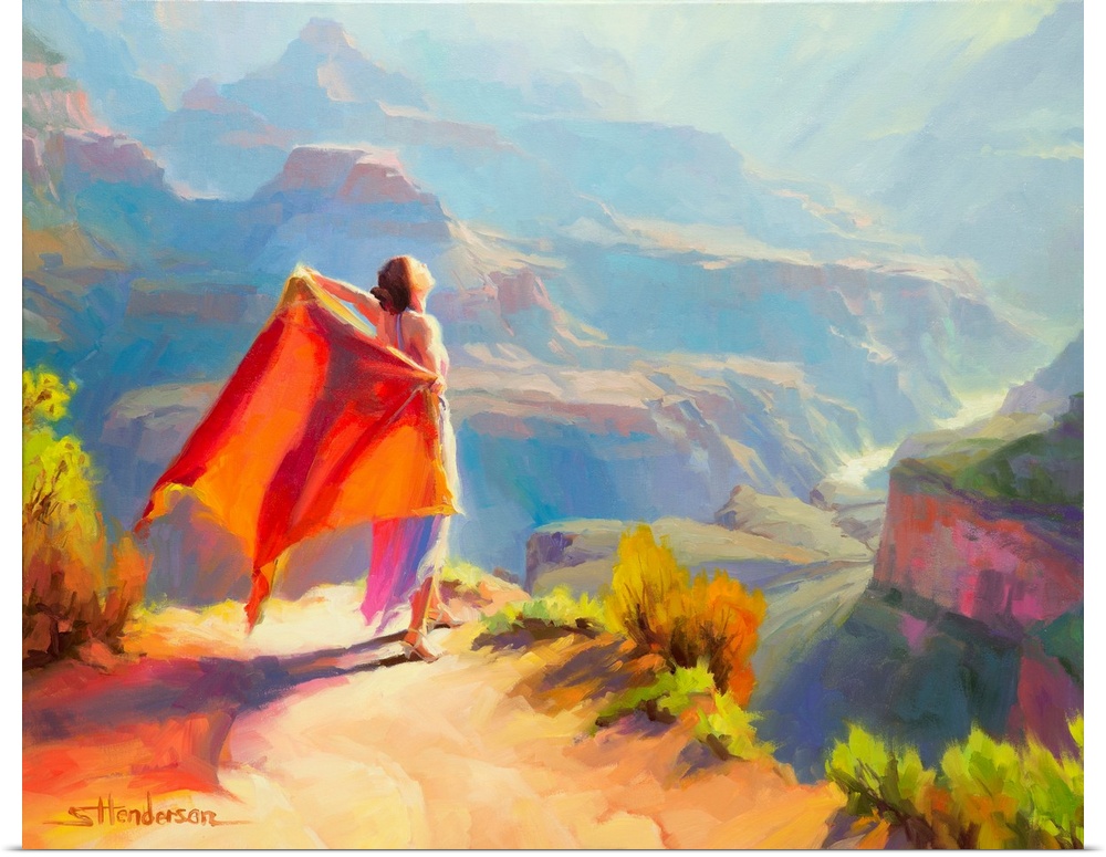 Traditional impressionist painting of faerie sprite in the Grand Canyon, Arizona, greeting the morning sun