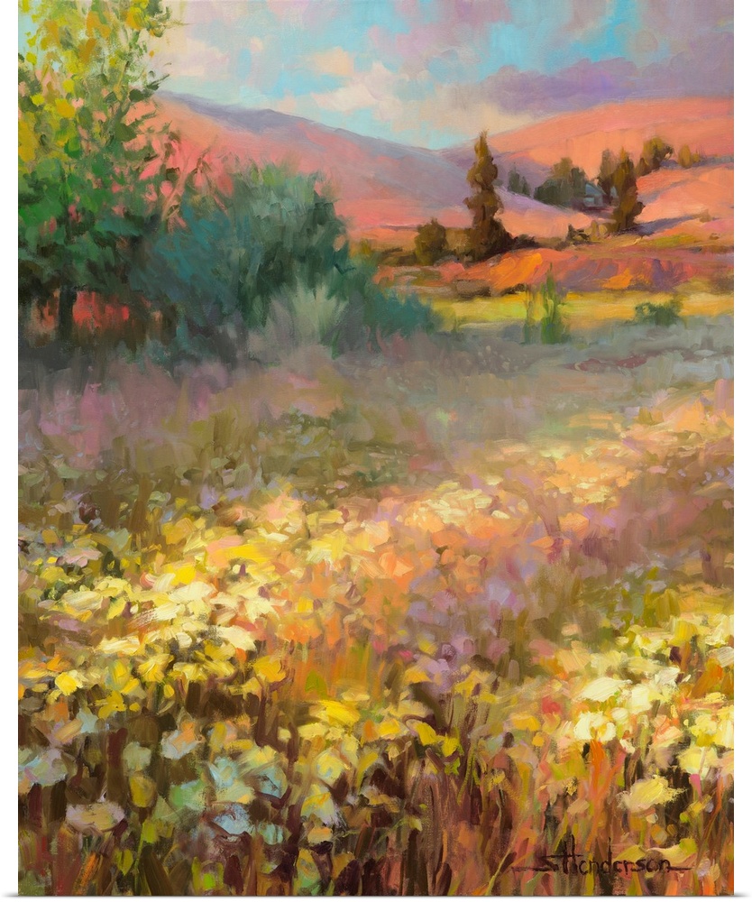 Traditional impressionist landscape of a springtime field of wildflowers, with the hills in the background glowing gently ...