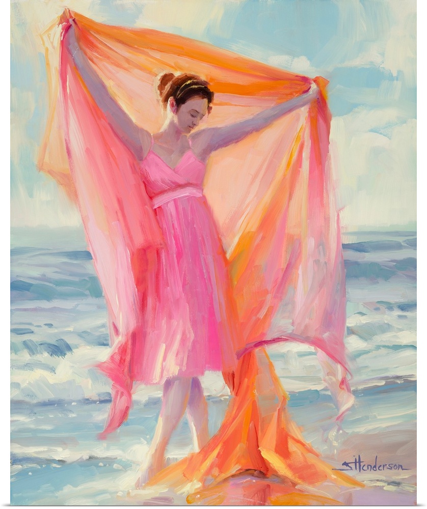 Traditional impressionist painting of a young woman, in a pink dress, dancing barefoot in the ocean surf on a sunny aftern...