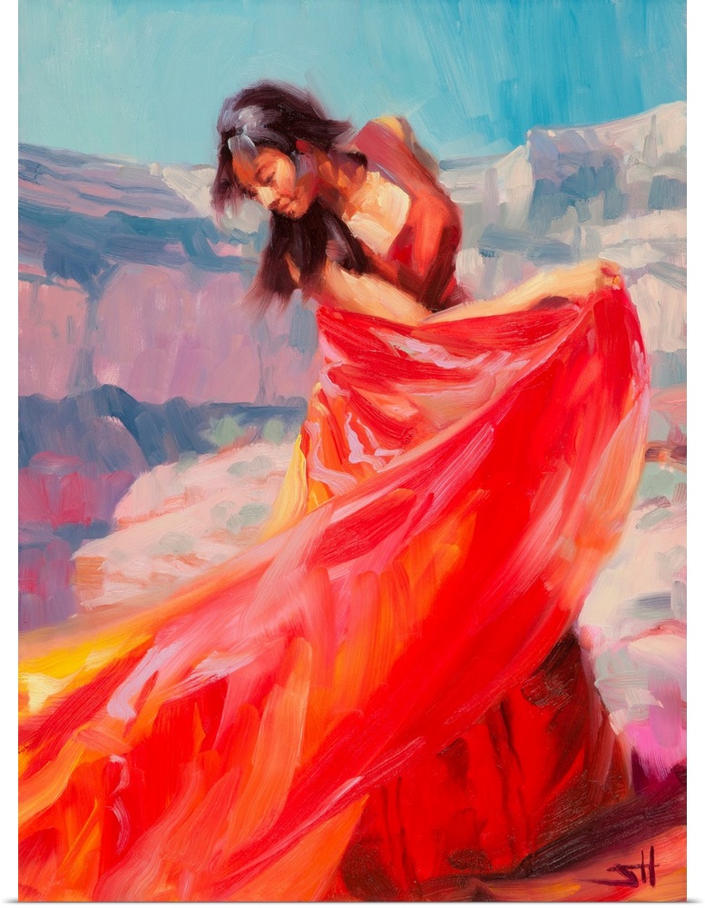 Traditional impressionist painting of an indigenous, Native American woman dancing in the desert. Vibrant red fabric swirl...