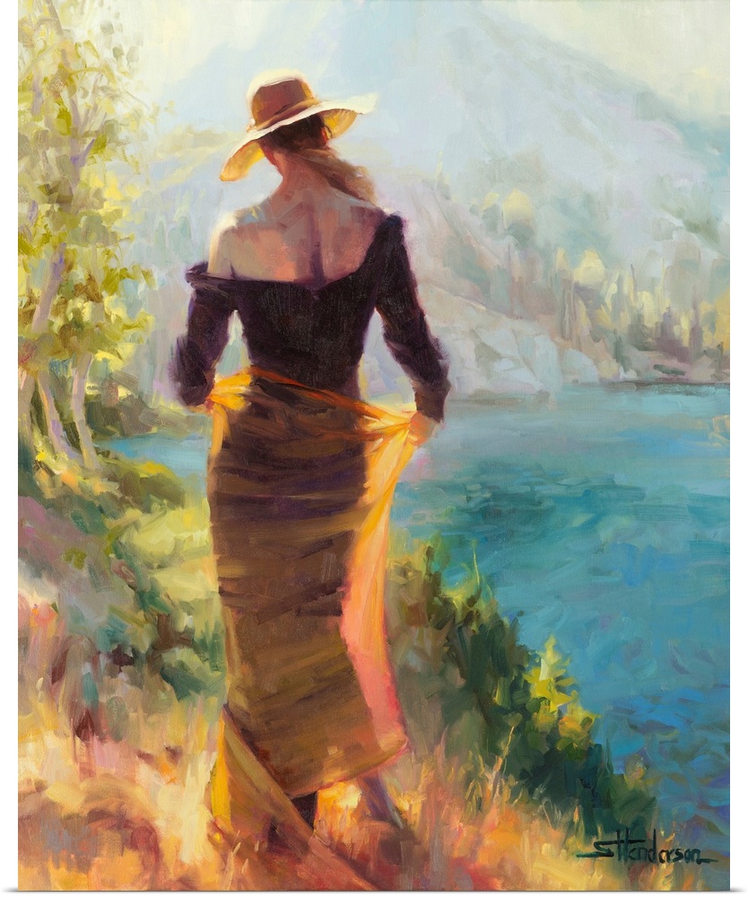 Traditional impressionist painting of an elegant woman standing alongside an alpine wilderness lake, high in the mountains