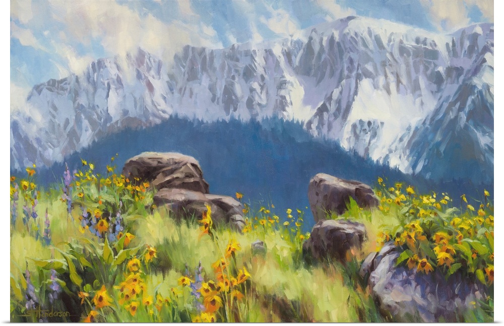 Traditional representational landscape painting of snow-capped mountains and a sunlit meadow of wildflowers