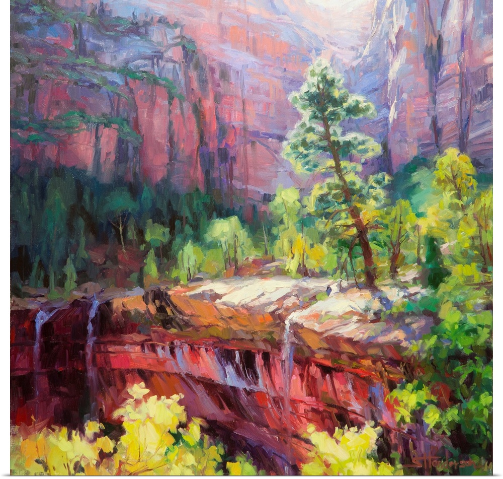 Traditional impressionist painting of the Emerald Pools at Zion National Park, at twilight just as the sun is setting and ...