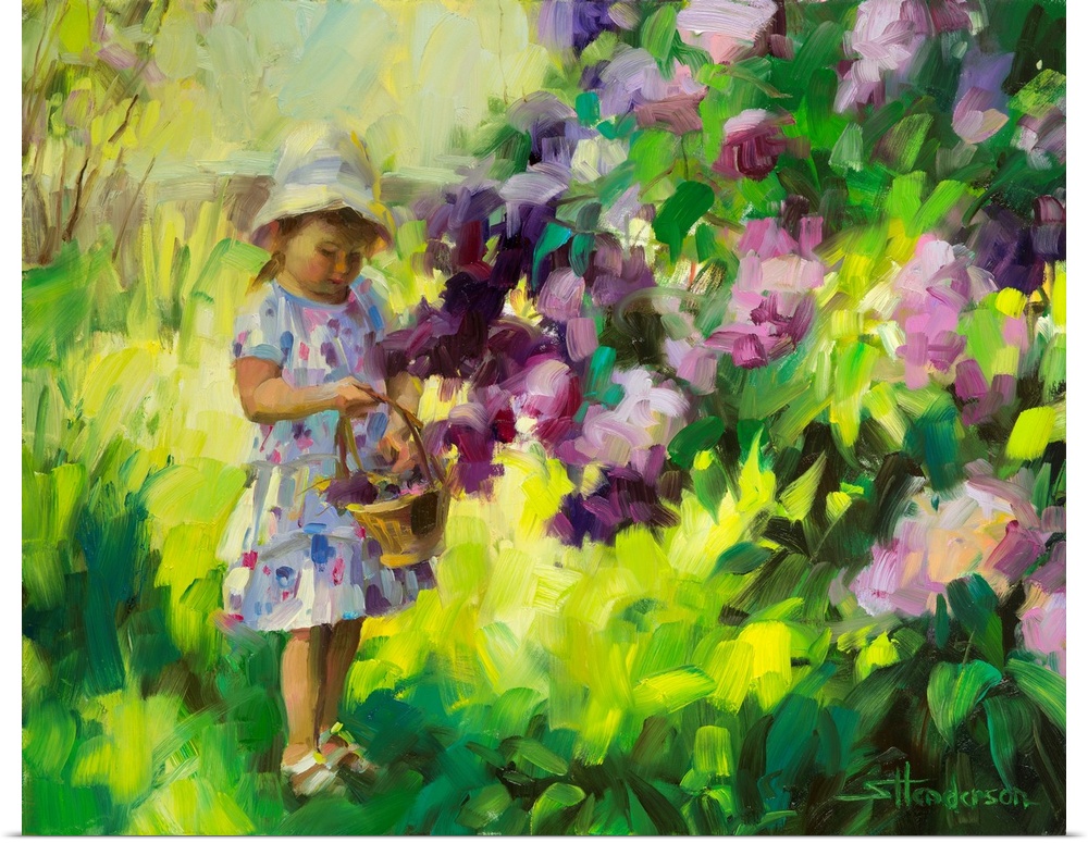 Traditional representational painting of a toddler girl in a green country field, picking lilacs and placing them in a bas...