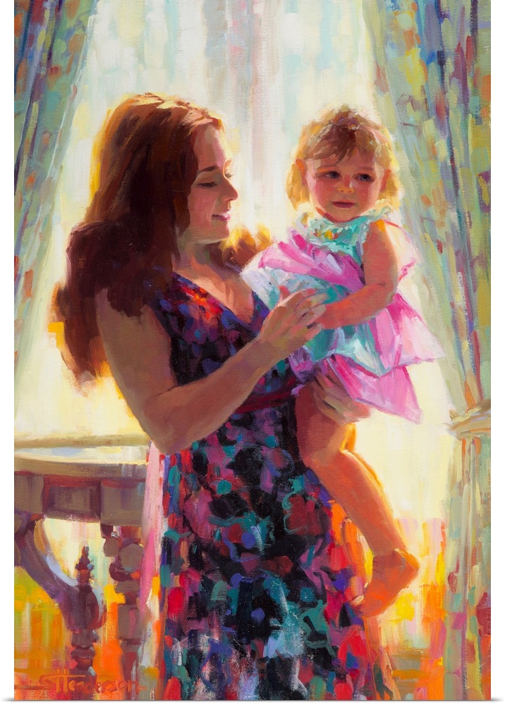 Traditional representational painting of a mother holding her toddler daughter, inside a nostalgic old home sitting room