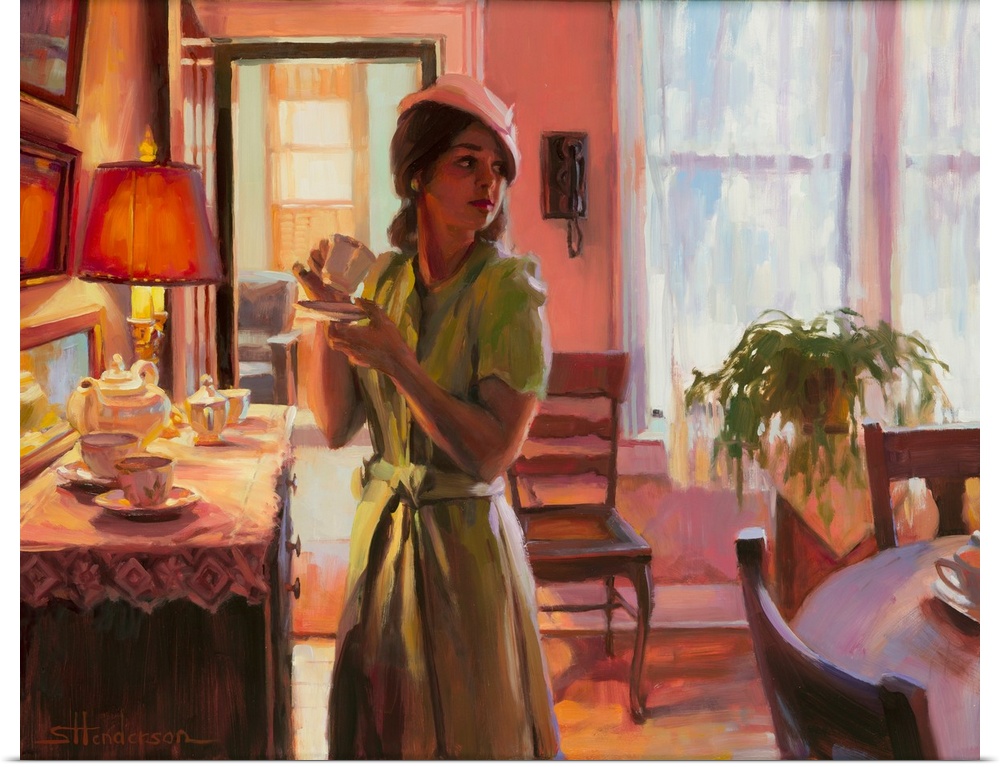 Traditional representational nostalgic painting of a woman at the buffet sideboard, drinking a cup of tea in the dining room.