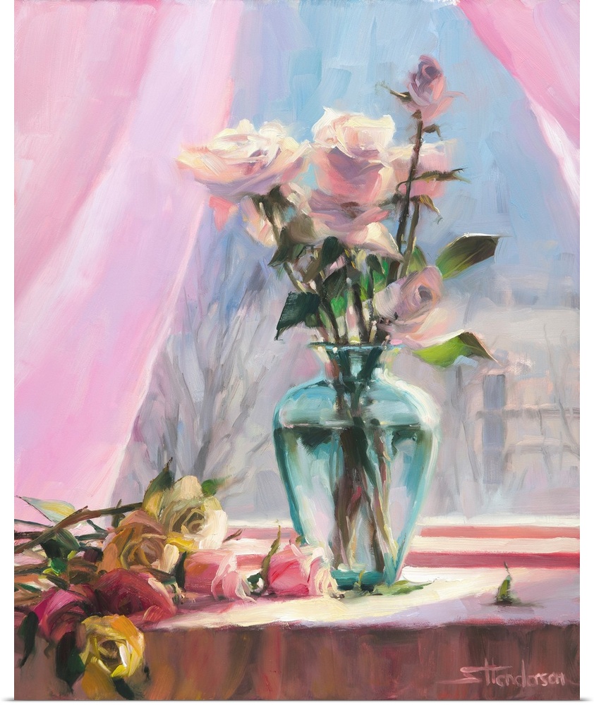 Traditional impressionist painting of a country vase of flowers sitting on the windowsill with the morning light streaming...