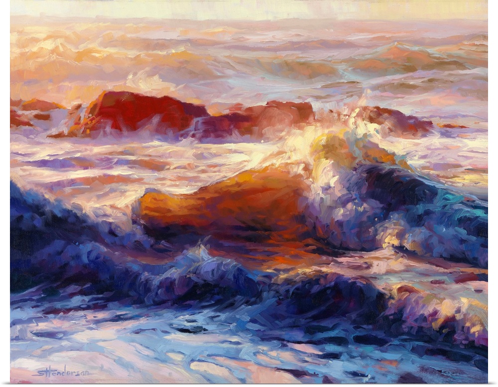 Traditional impressionist painting of waves in the ocean, reflecting different colors because of the sunlight