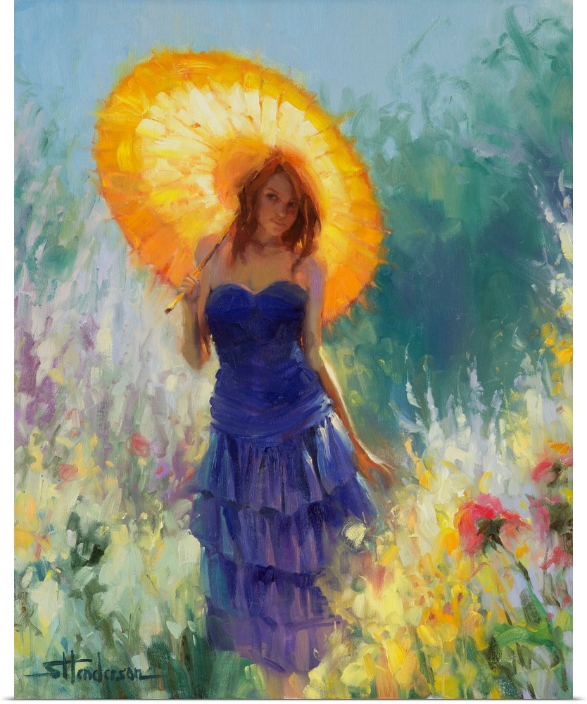 Traditional impressionist painting of a young, redheaded woman strolling through a country garden of spring flowers. She i...