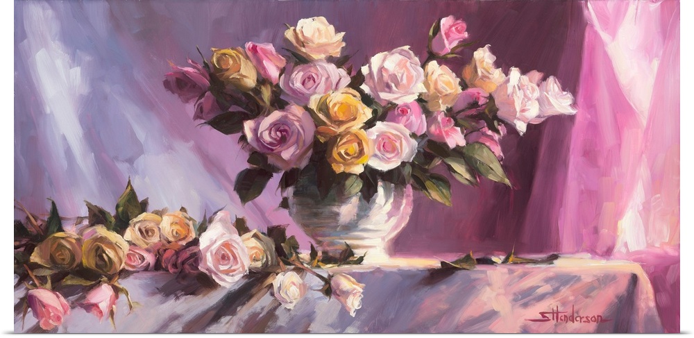 Traditional impressionist still life painting of a bouquet of colorful roses in a vase atop a table covered with fabric.