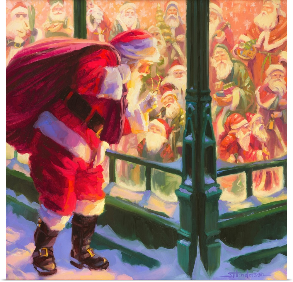 Traditional representational holiday Christmas painting of Santa Claus on the sidewalk, looking through the window at stat...