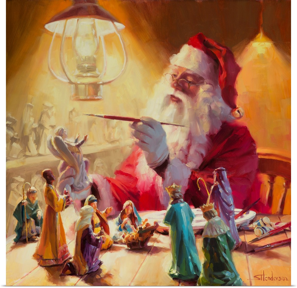Traditional representational holiday Christmas painting of Santa Claus holding a little girl up so she can place an angel ...