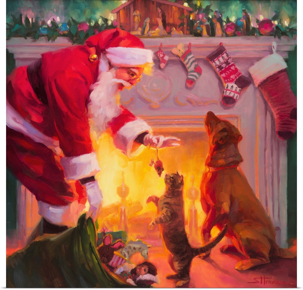 Traditional representational holiday Christmas painting of Santa Claus painting a Nativity set in his workshop