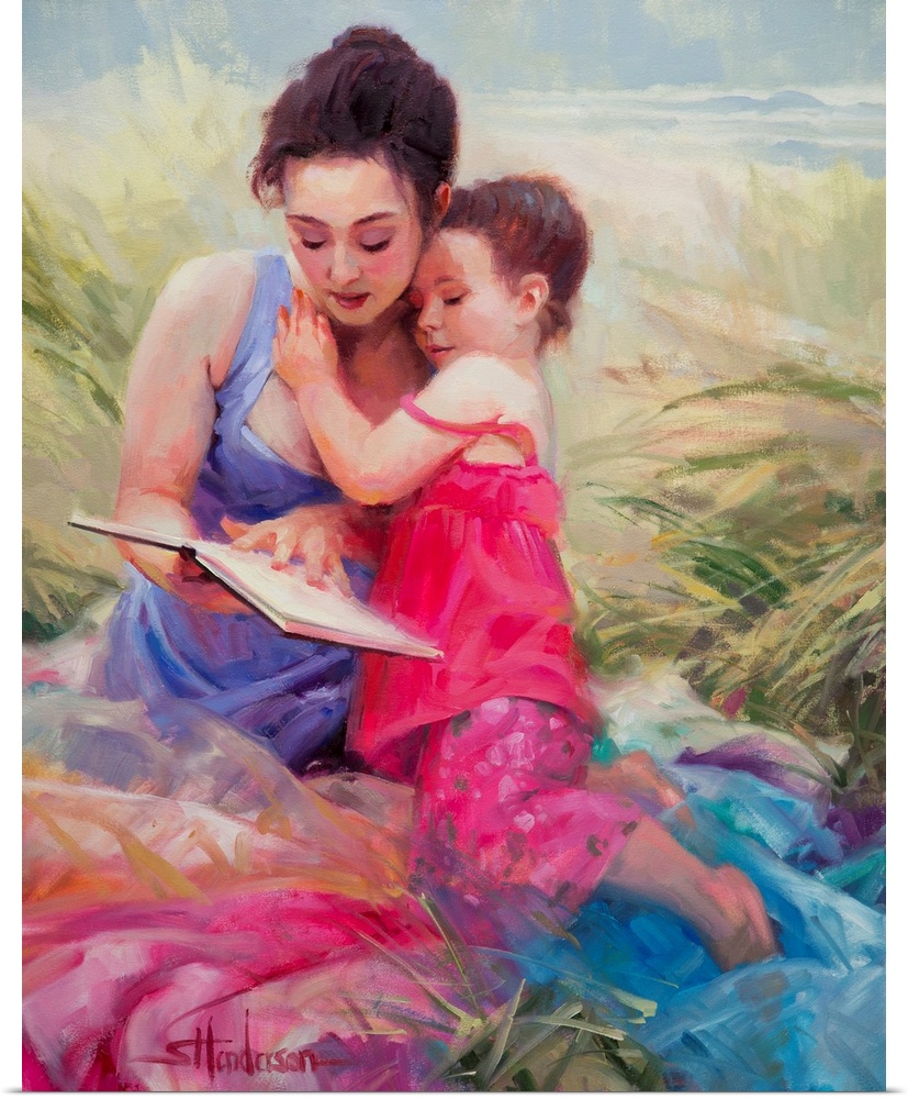 Traditional representational painting of a toddler girl and her mother picnicking on the beach sand and reading a book. Th...