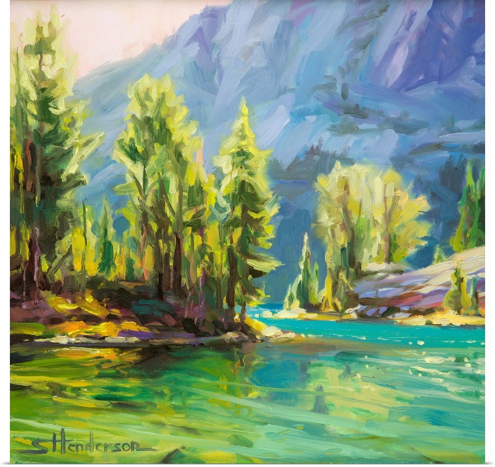 Traditional impressionist landscape painting of an alpine mountain lake in the wilderness, surrounded by trees. The sun sh...