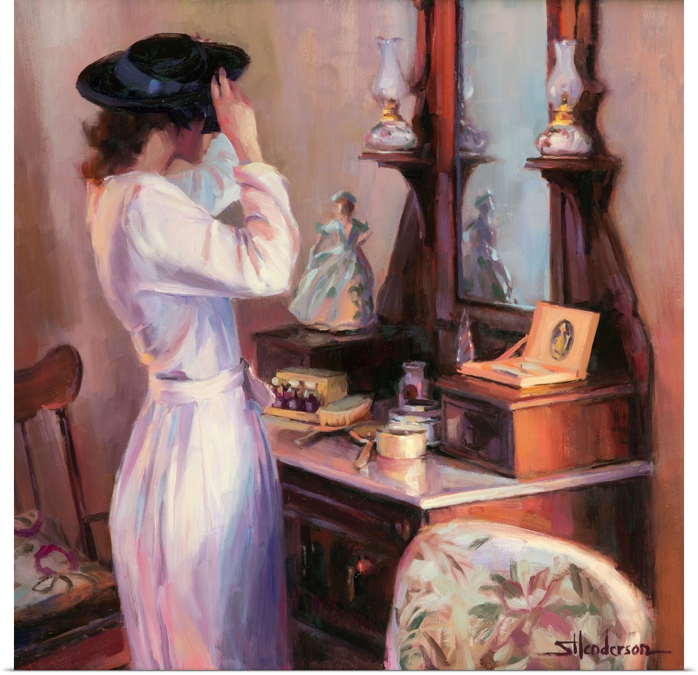 Traditional representational nostalgic painting of a woman in her bedroom boudoir trying on a hat in front of the mirror.