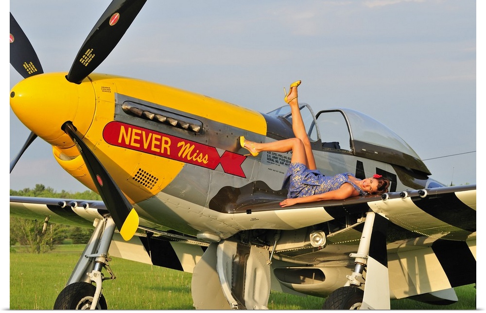 1940's style pin-up girl lying on the wing of a P-51 Mustang fighter plane.