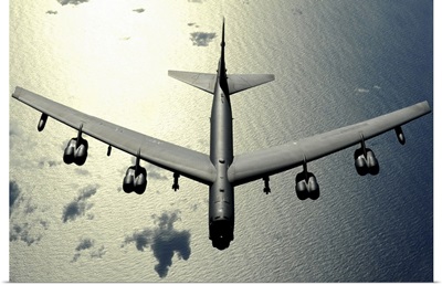 A B52 Stratofortress in flight over the Pacific Ocean