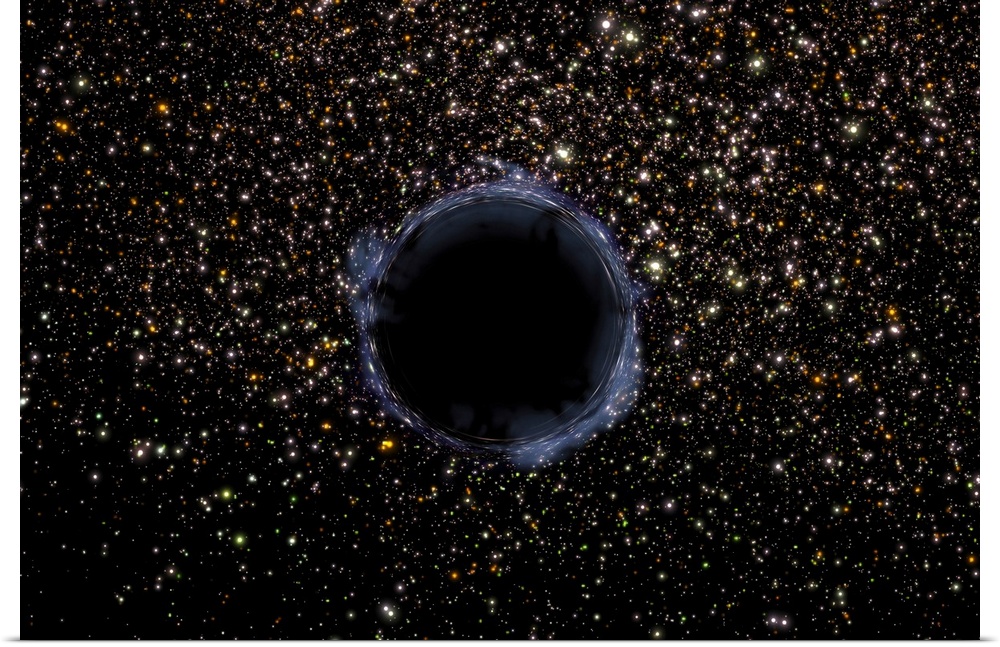 Landscape, large wall picture of a black hole surrounded by a globular cluster of many stars.