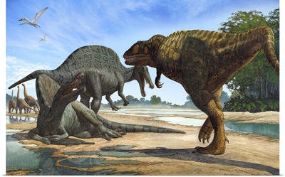 A Carcharodontosaurus invades the territory of two Spinosaurus dinosaurs