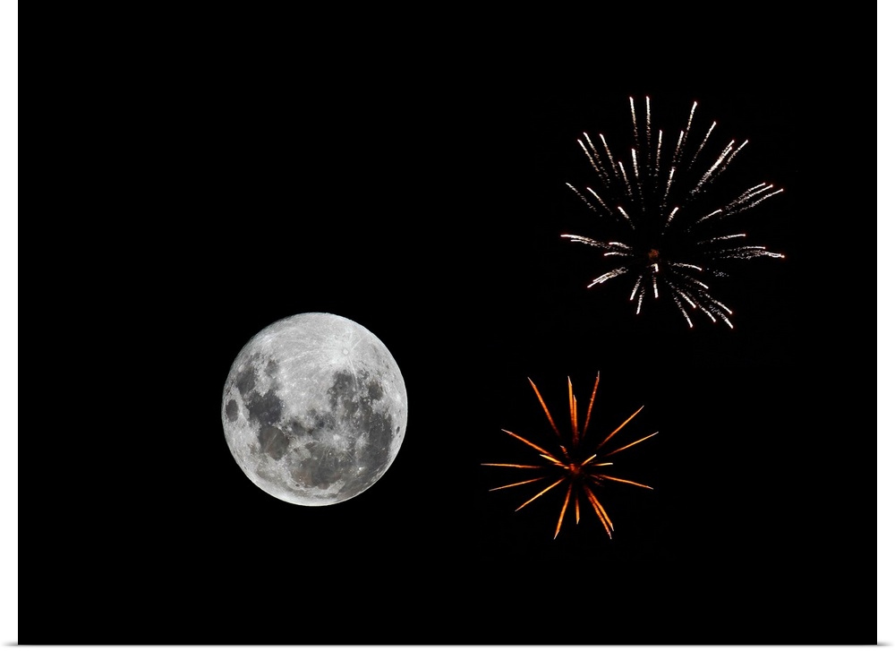 A composite image with fireworks and the new Moon from December 2009 in Buenos Aires, Argentina.