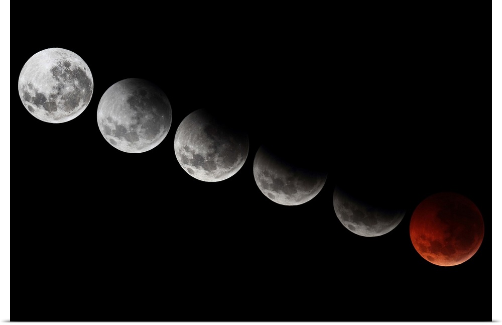 A composite image showing different stages of the 2010 solstice total moon eclipse.
