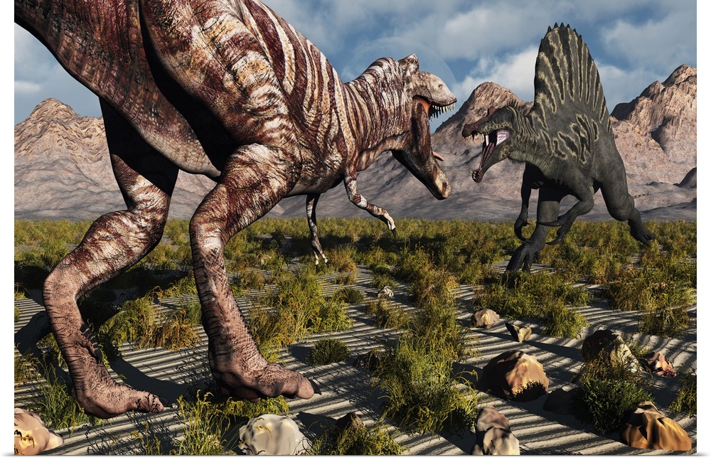 A confrontation between a T. Rex and a Spinosaurus dinosaur, both carnivores of their time.