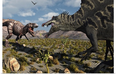 A confrontation between a T. Rex and a Spinosaurus dinosaur