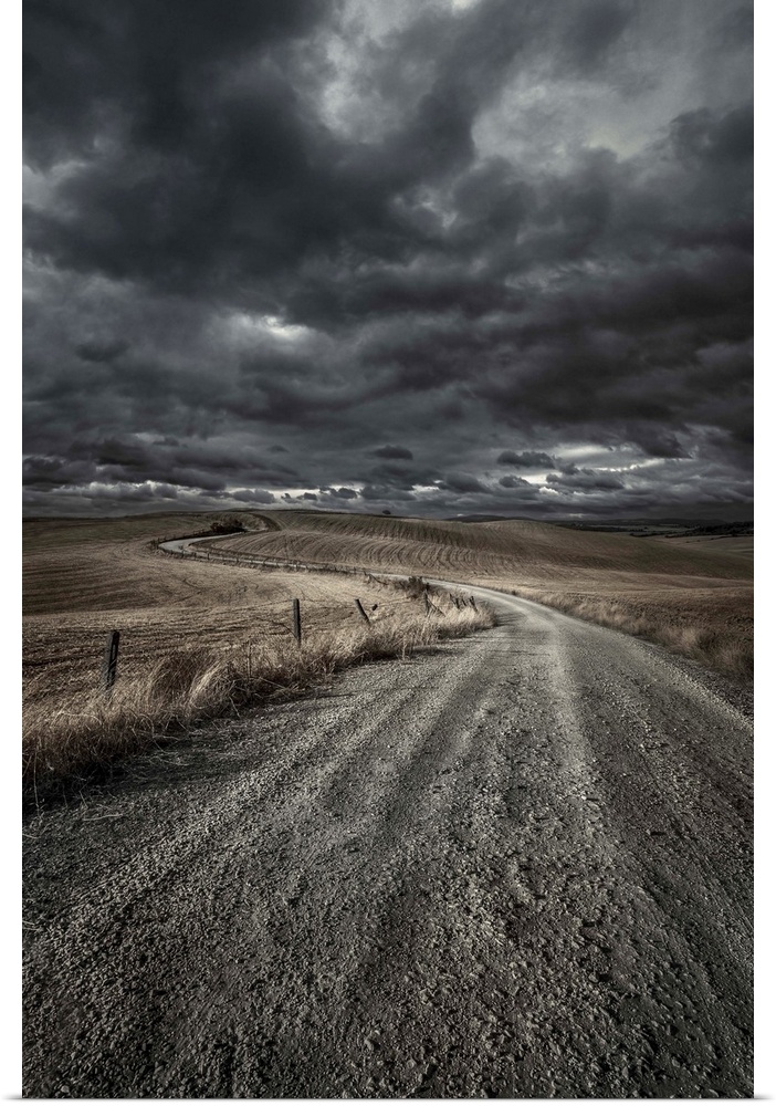 A country road in field with stormy sky above, Tuscany, Italy.