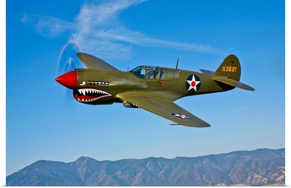 A Curtiss P-40E Warhawk in flight near Chino, California.