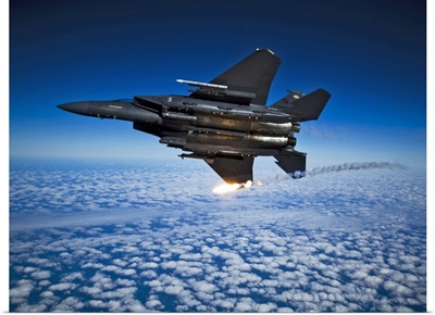 A F 15E Strike Eagle aircraft releases flares