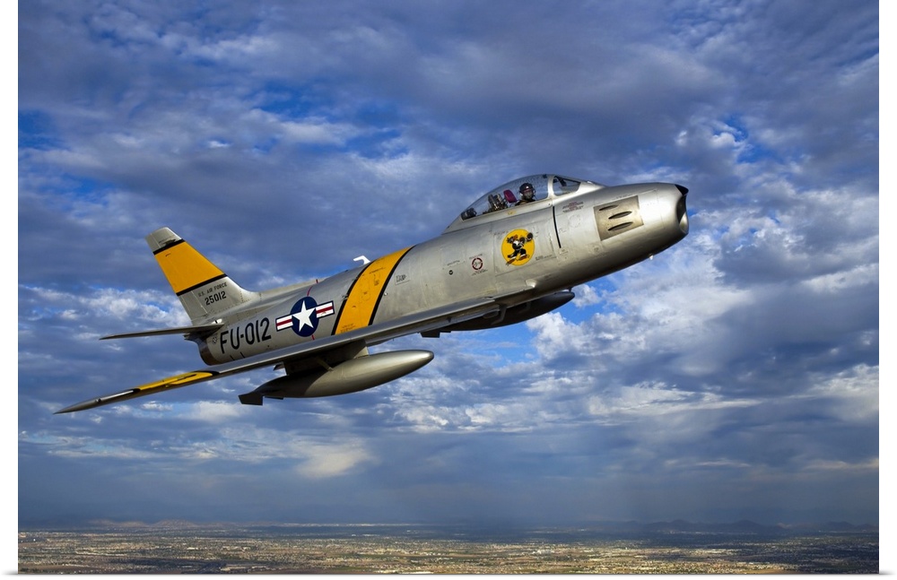 A F-86 Sabre jet in flight over Glendale, Arizona.
