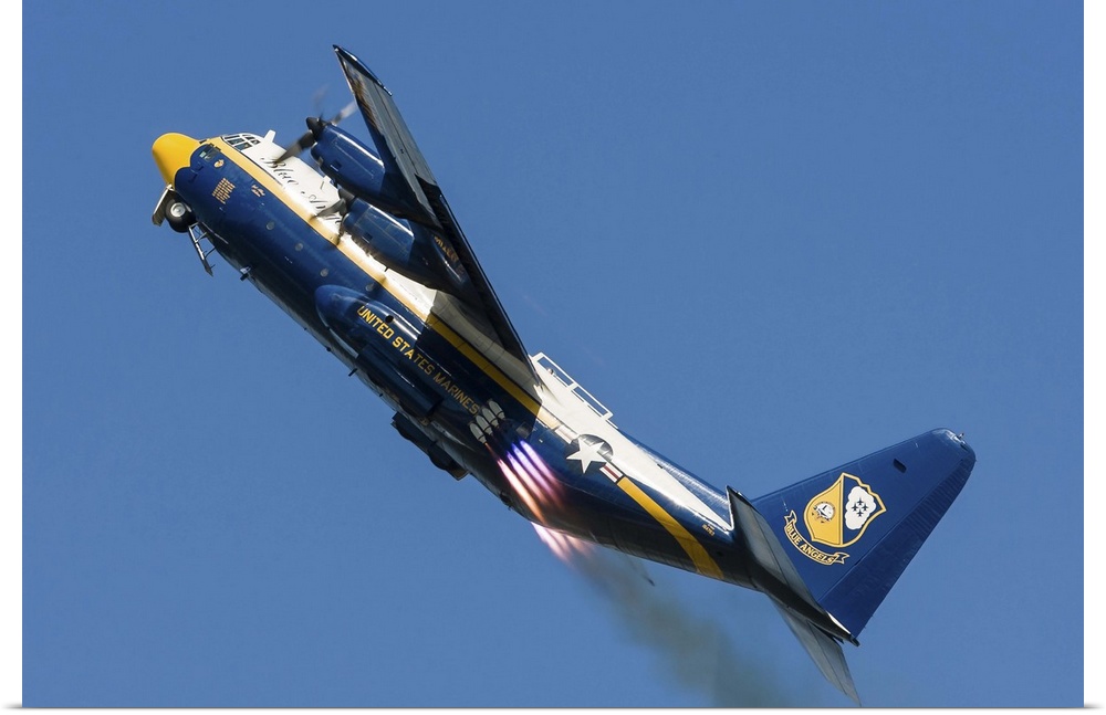 The Blue Angels C-130 Hercules, Fat Albert, performs a JATO takeoff at Andrews Air Force Base, Maryland.
