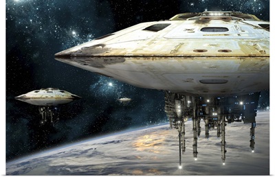 A fleet of massive spaceships take position over Earth for a coming invasion